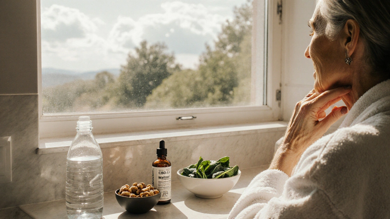 Frau in ihren 50ern, die CBD-Creme aufträgt, mit Wasser, Nüssen, Sonnencreme und Zertifikat auf dem Waschbecken.