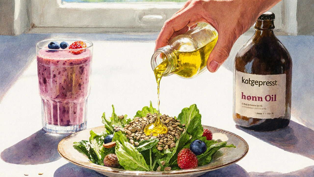 Grüner Salat mit Hanföl-Dressing und Hanfsamen, dazu ein Smoothie mit Hanfprotein.