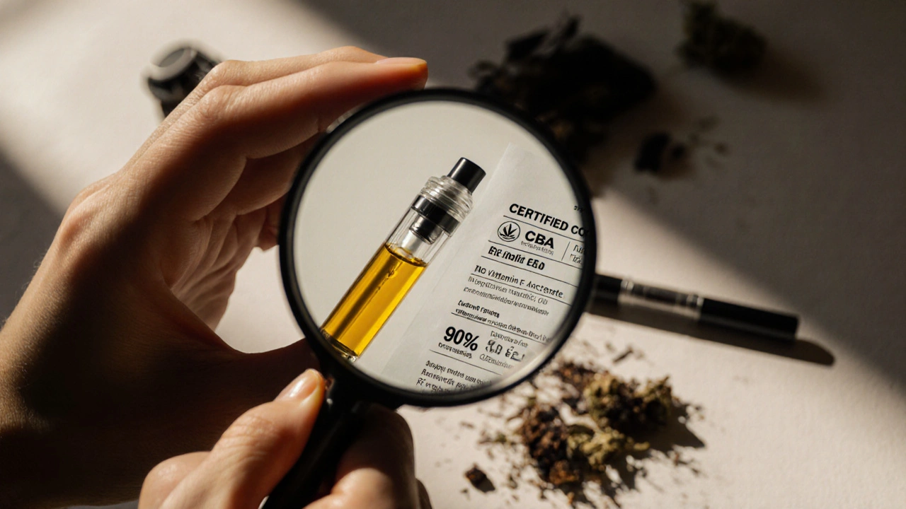 Hände prüfen eine reine CBD-Kartusche unter einer Lupe mit Laborbericht als Reflexion.