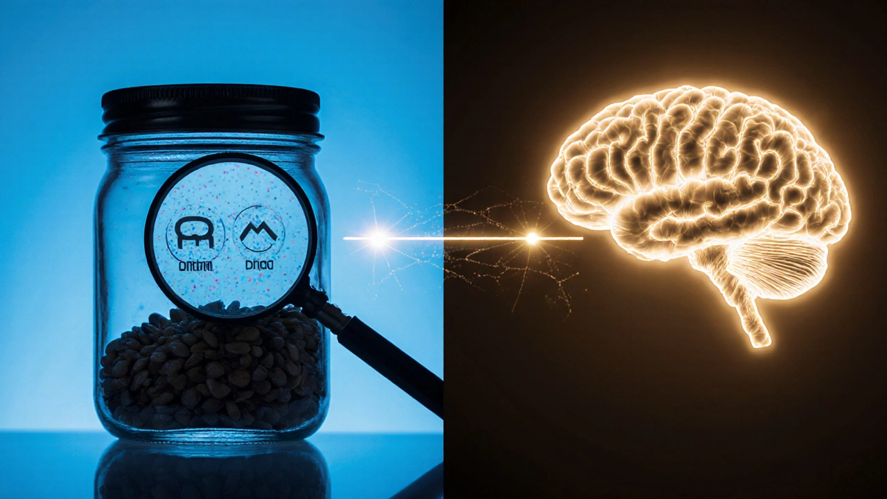 Hanfsamen und Gehirn mit Nährstoffsymbolen, konzeptuelle Darstellung