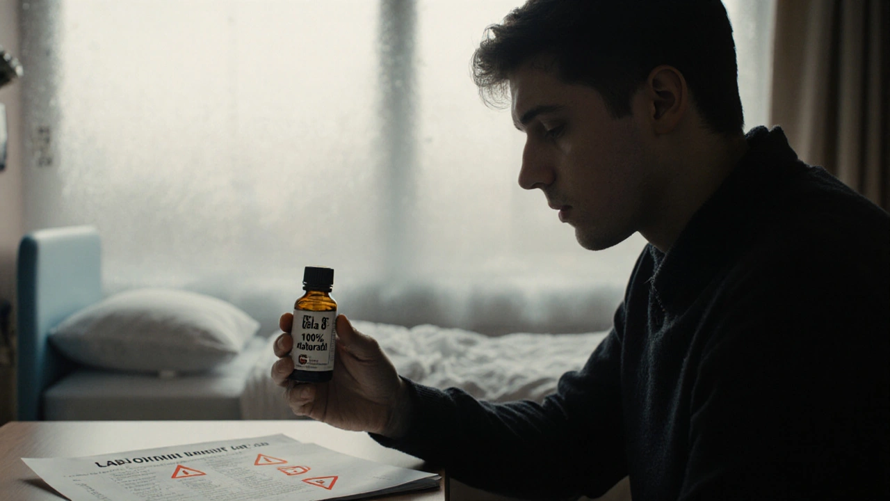Junger Mann hält Delta-8-Öl, im Hintergrund Krankenhausbett – Laborbericht mit gefährlichen Chemikalien auf dem Tisch.
