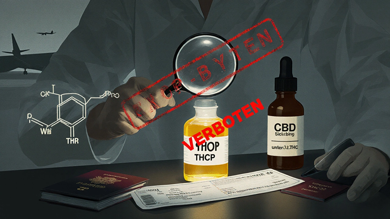 Laborant untersucht eine THCP-Flasche mit chemischer Struktur und einem roten 'VERBOTEN'-Stempel, neben einer legalen CBD-Flasche.