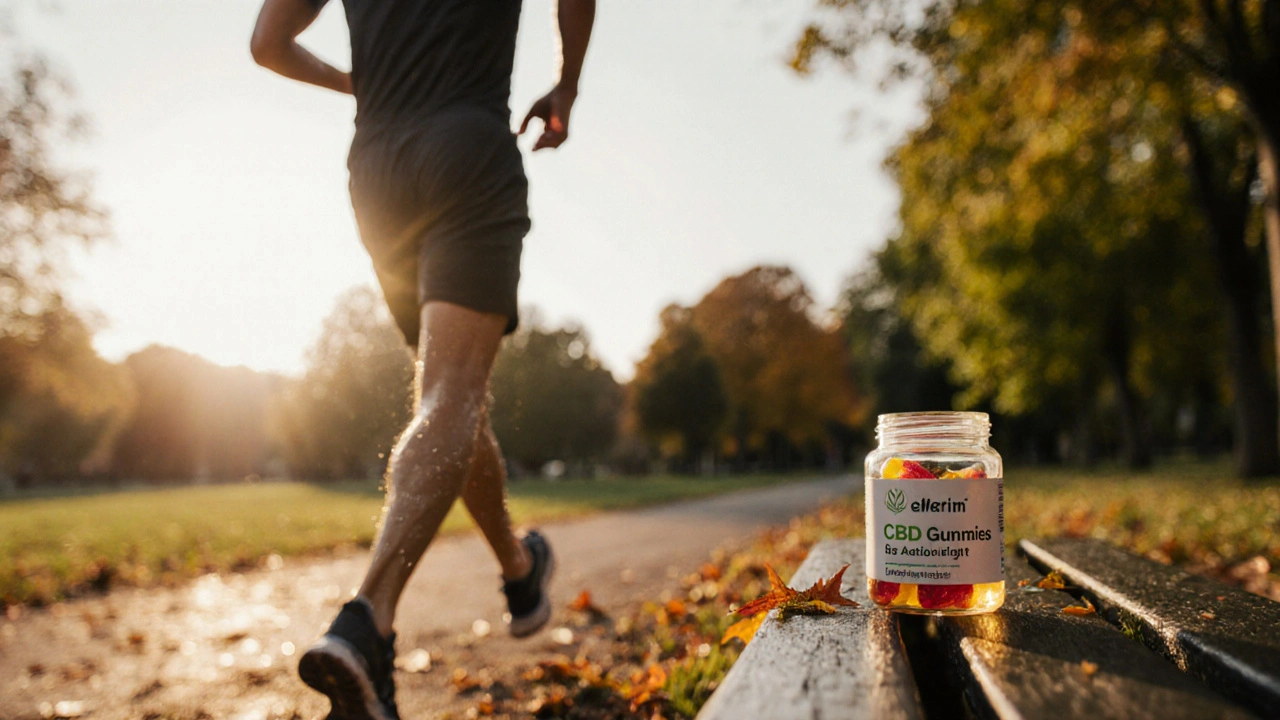 Mann joggt bei Sonnenaufgang im Park, CBD-Gummibärchen liegen unbeachtet auf einer Bank.