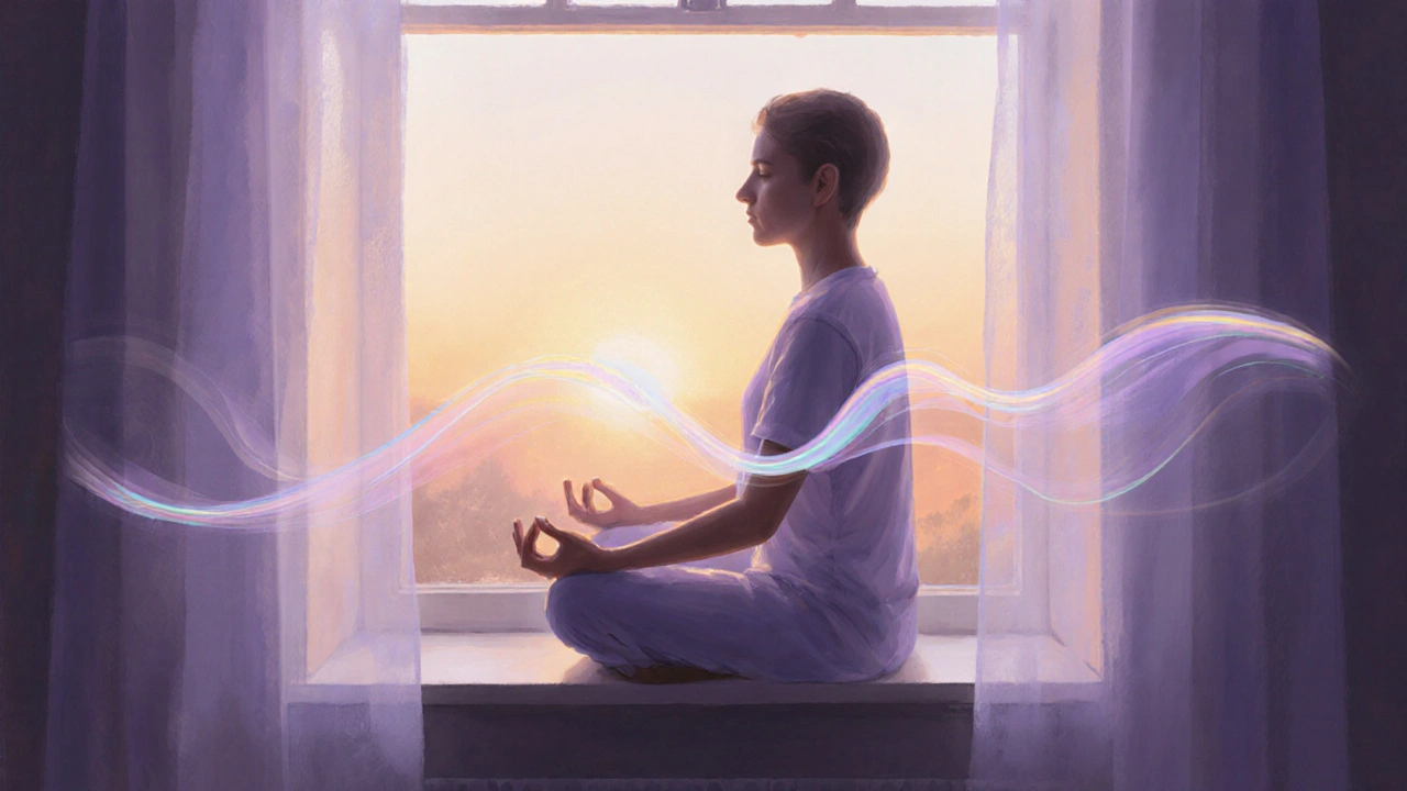Meditierende Person im Morgenlicht, umgeben von sanfter Energie.