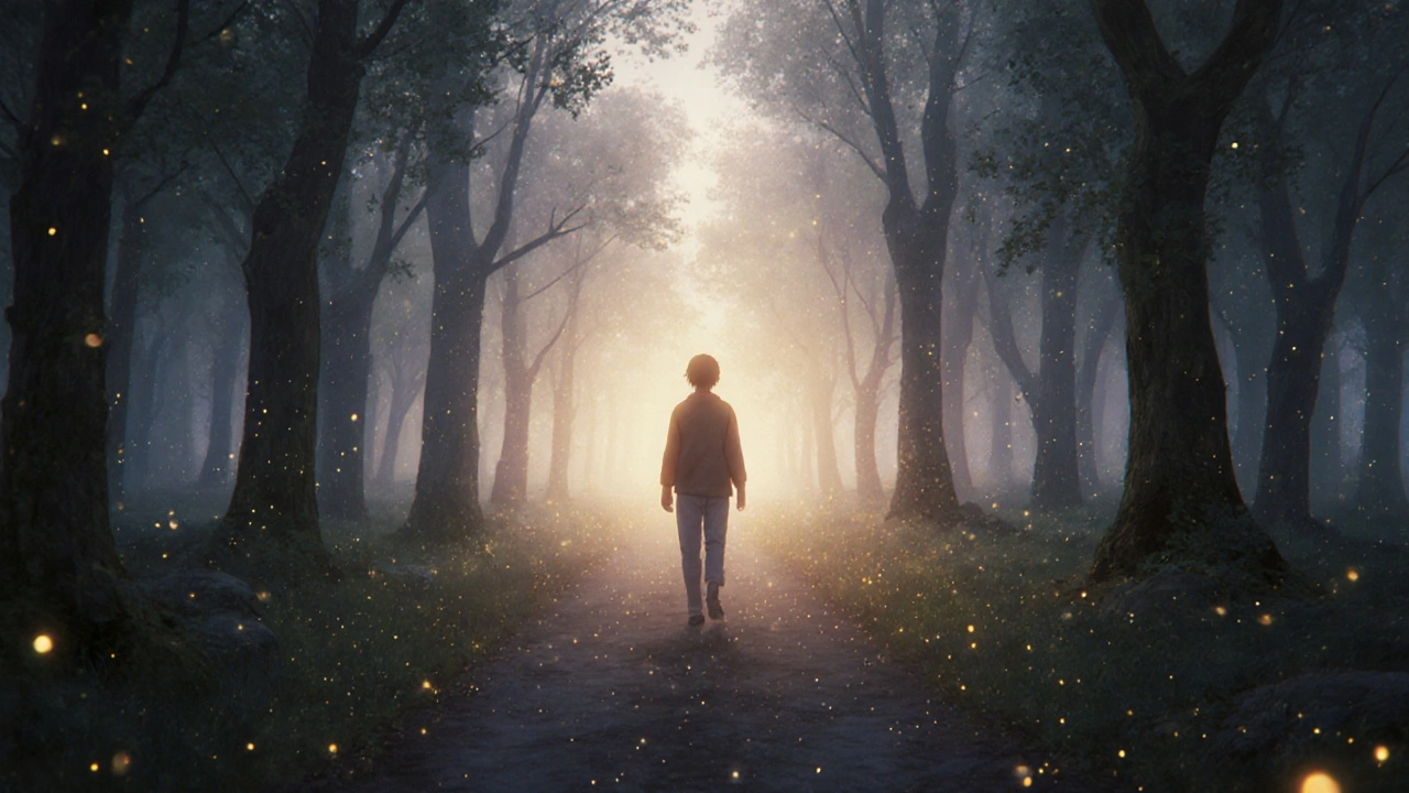 Mensch geht durch nebligen Wald bei Dämmerung, umgeben von sanft leuchtenden Teilchen der Klarheit.