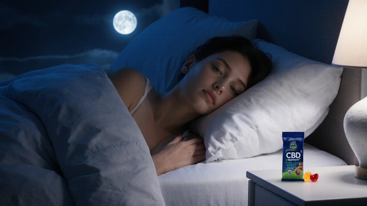 Mensch in Bett, entspannt, mit CBD-Gummiverpackung auf Nachttisch.