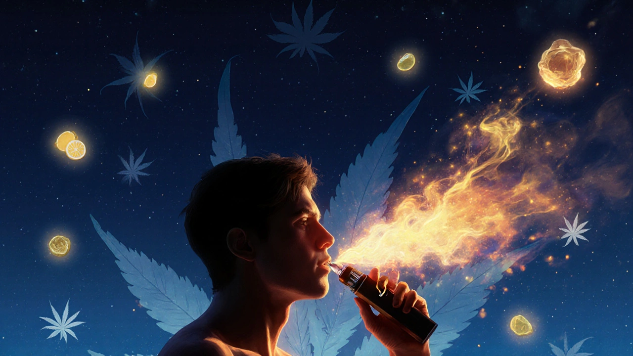 Menschliche Silhouette atmet goldenen Dampf ein, terpene-Partikel leuchten im Hintergrund.