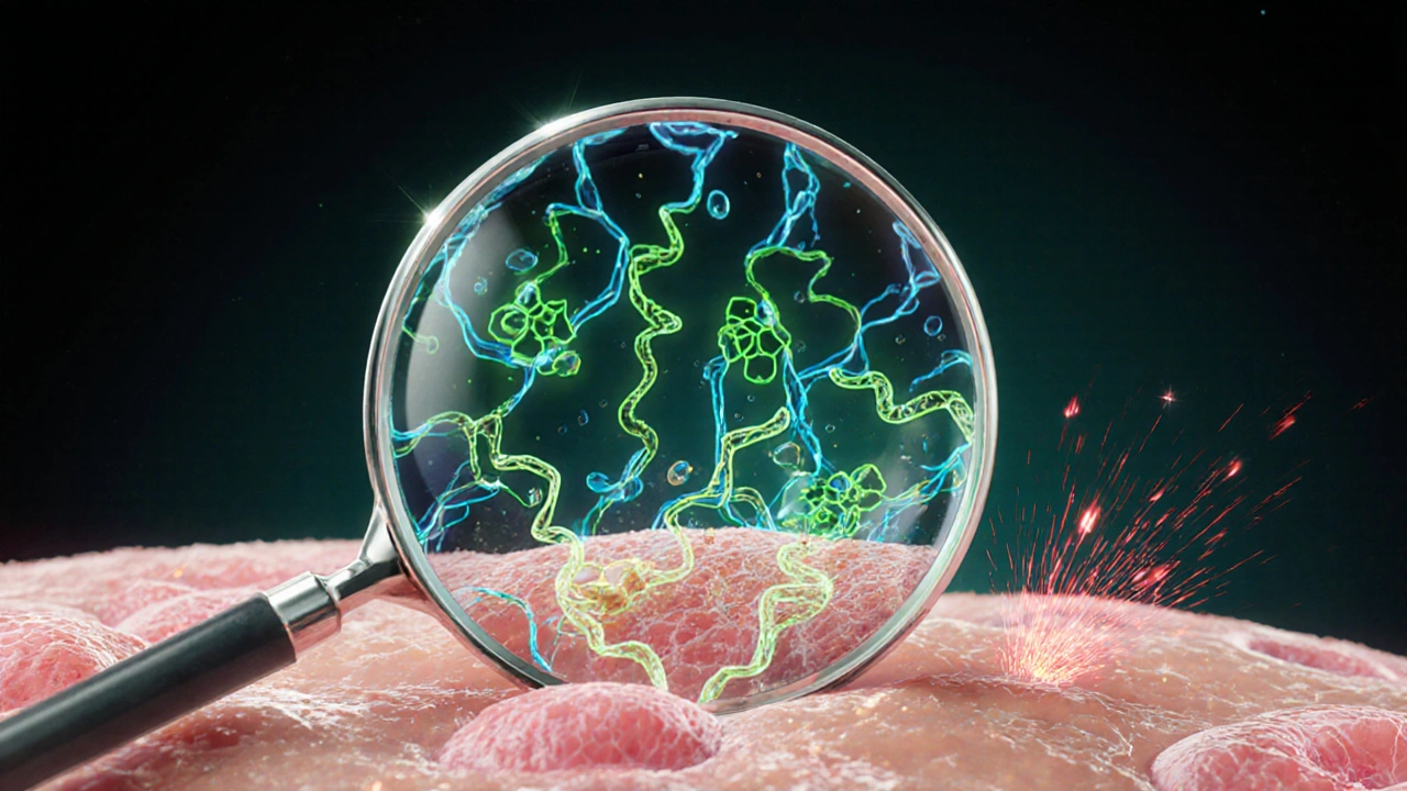 Mikroskopische Ansicht von Hautzellen, bei der Kollagenfasern sich regenerieren und CBD-Moleküle Entzündungen beruhigen.
