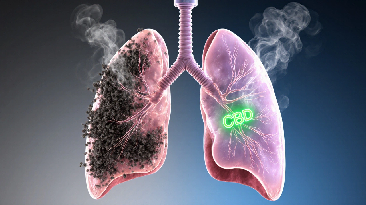 Mikroskopische Ansicht von zwei Lungen: eine mit Rauchpartikeln, eine mit reinem Dampf und CBD-Molekülen.