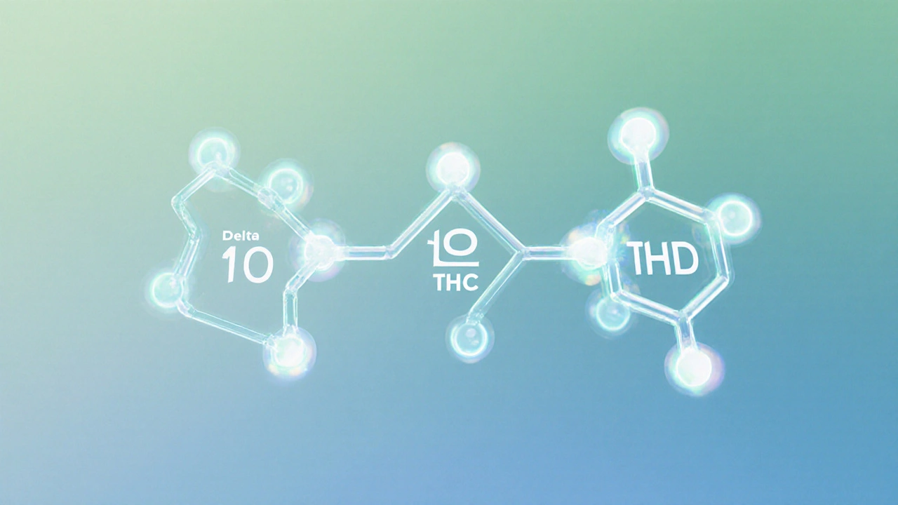 Molekulare Strukturen von Delta-10, Delta-9-THC und CBD schweben nebeneinander in sanftem Licht.