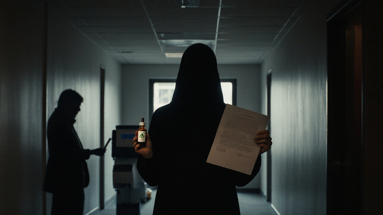 Person holding job offer and CBD bottle, with drug test shadow looming behind.