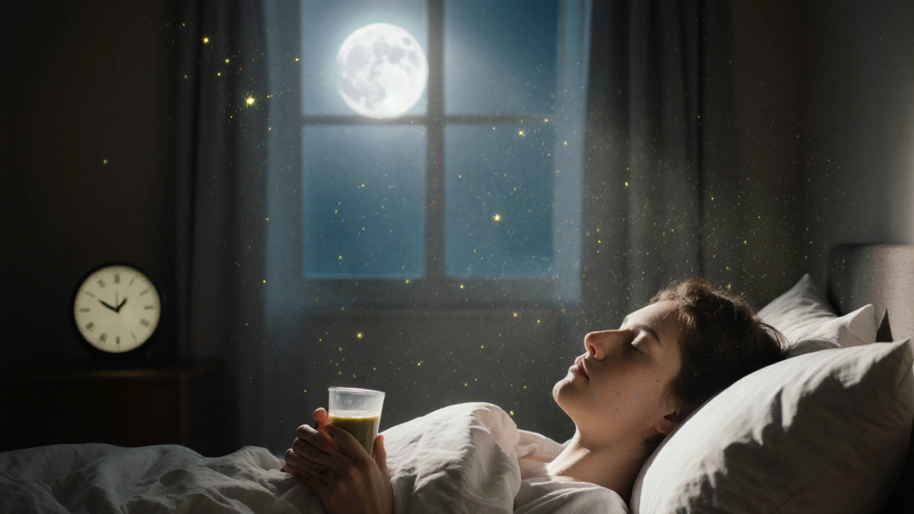 Person im Bett mit Hanf-Smoothie, Mondlicht und entspannenden Lichtpartikeln in der Nacht.