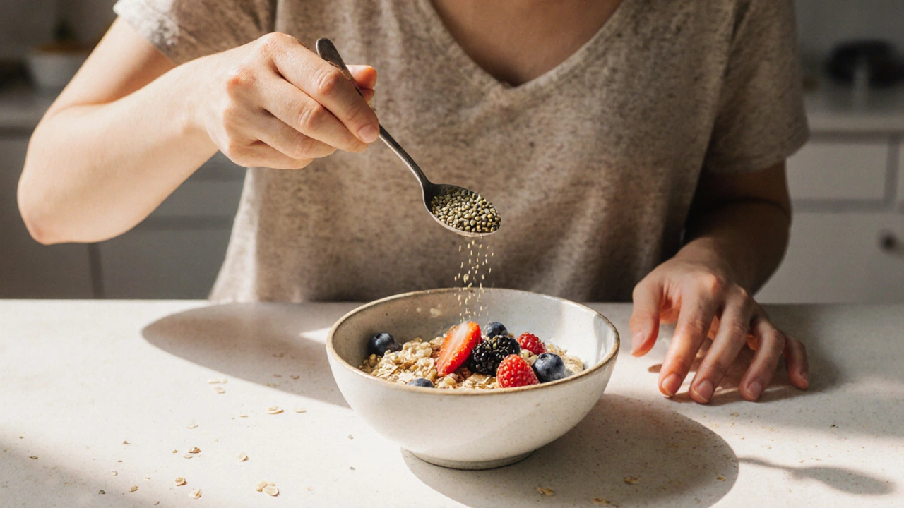 Person streut Hanfsamen über Müsli am Morgen, ruhige Küche