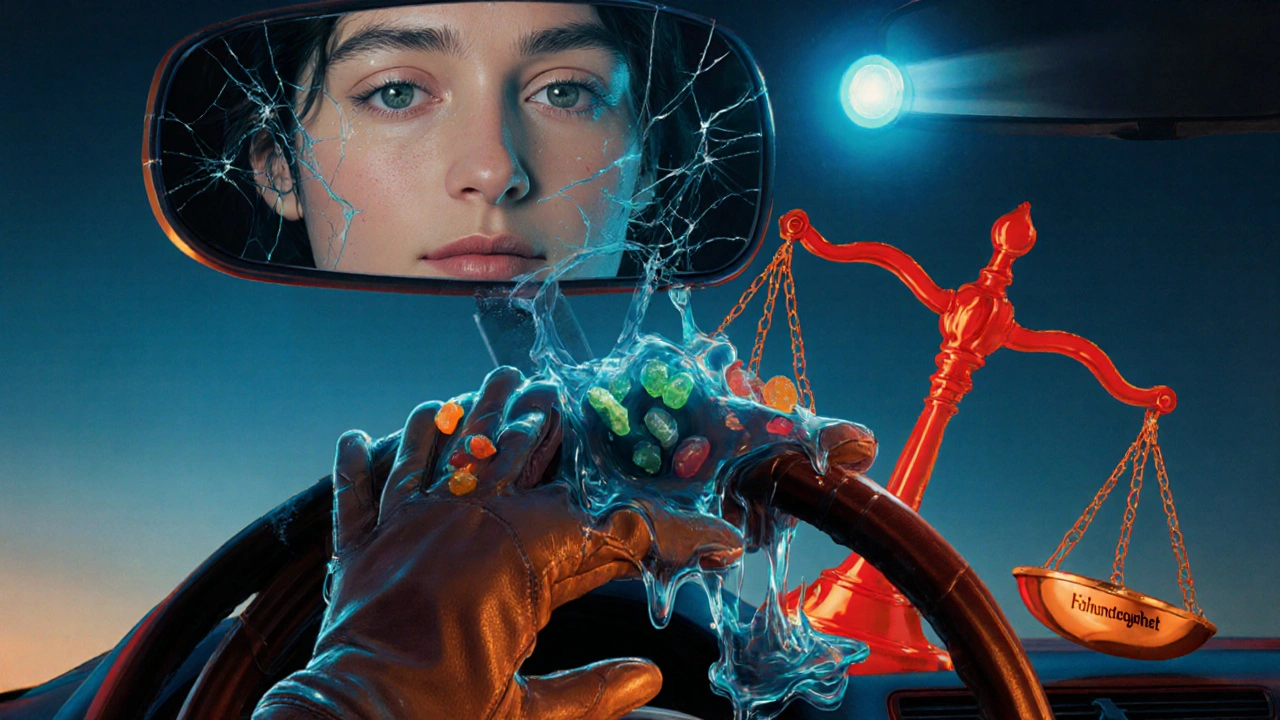 Schmelzende Gummibärchen als Lenkradhandschuhe, gespiegeltes Gesicht und Waage mit &#039;Fahruntüchtigkeit&#039;.