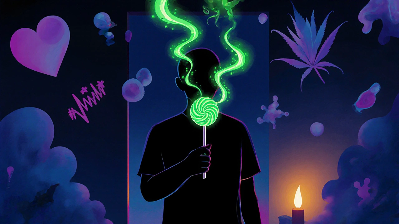 Silhouette einer Person, die von grünen THC-Molekülen umgeben ist, die in verwirrende Gedankenformen aufsteigen.