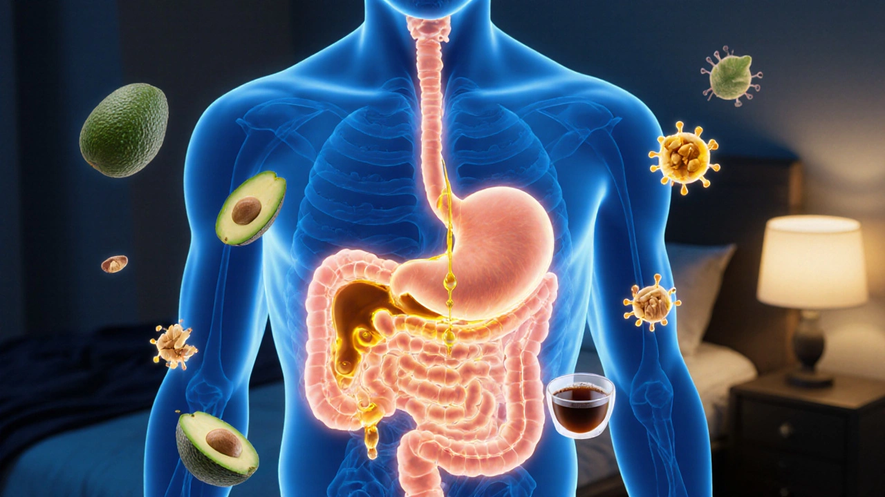 Stilisierte Darstellung der CBD-Aufnahme im Körper mit Fettmolekülen und Rezeptoren.