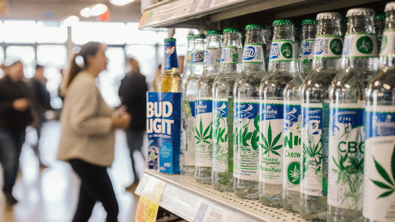 Supermarktregal mit alkoholischen Bieren links und alkoholfreien CBD/CBG-Getränken rechts, deutlich unterschiedlich gekennzeichnet.