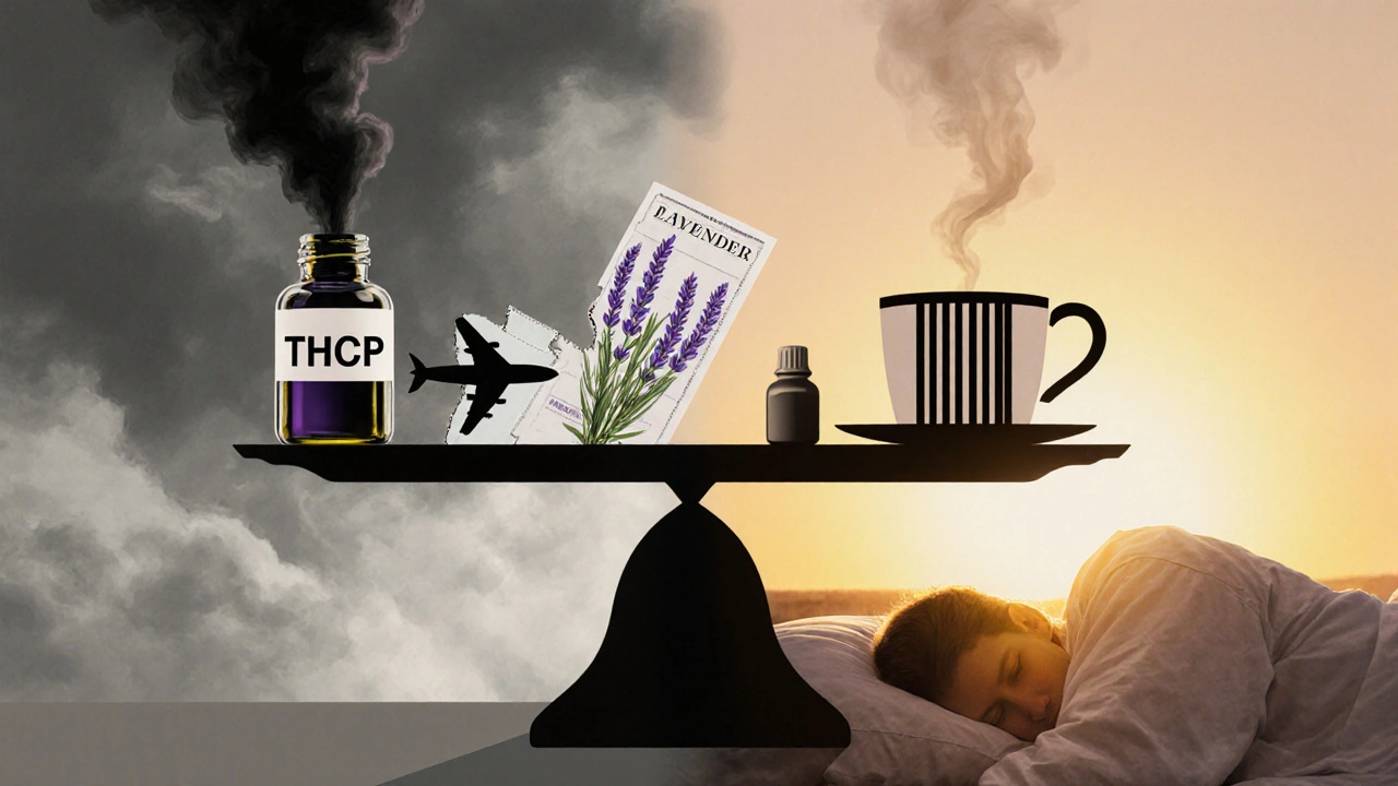 Symbolische Waage: THCP mit dunklem Rauch und Gefängnisbarren gegenüber sanften Alternativen wie Lavendelöl und Tee im Licht.