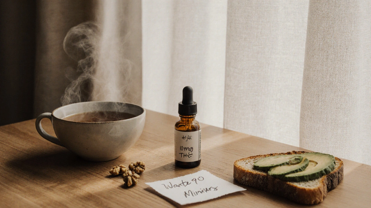 THC-Öltropfer und gesunde Snacks auf einer Holzplatte bei morgendlichem Licht.