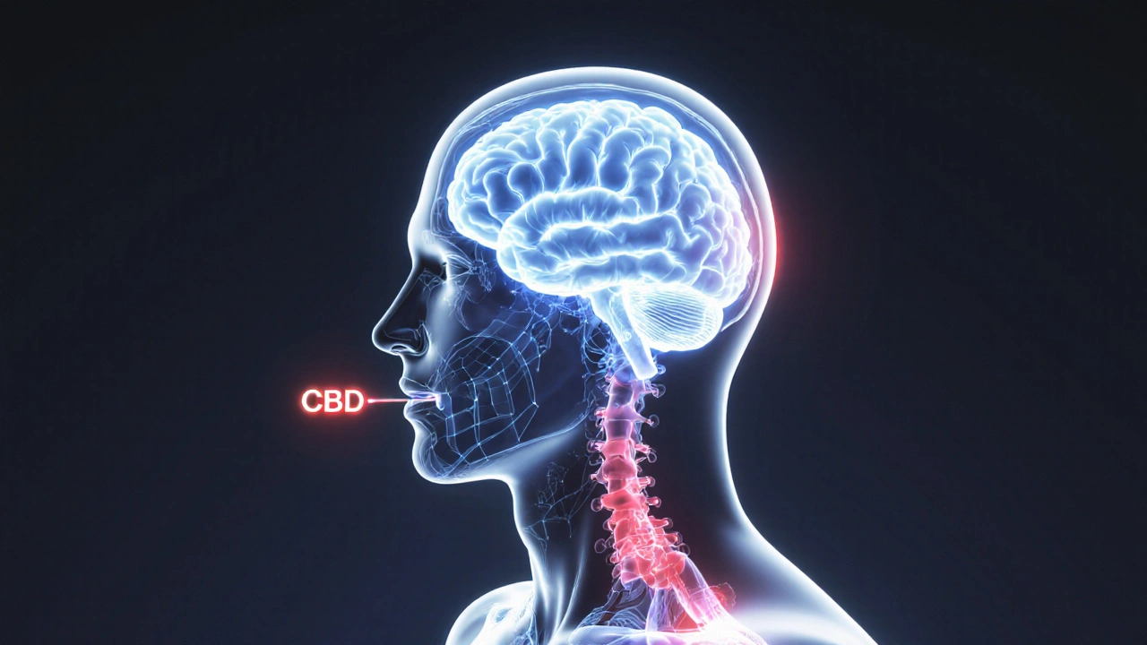 Transparente menschliche Silhouette mit CBD-Wirkung im Gehirn und Gelenken, Entzündungen verschwinden.