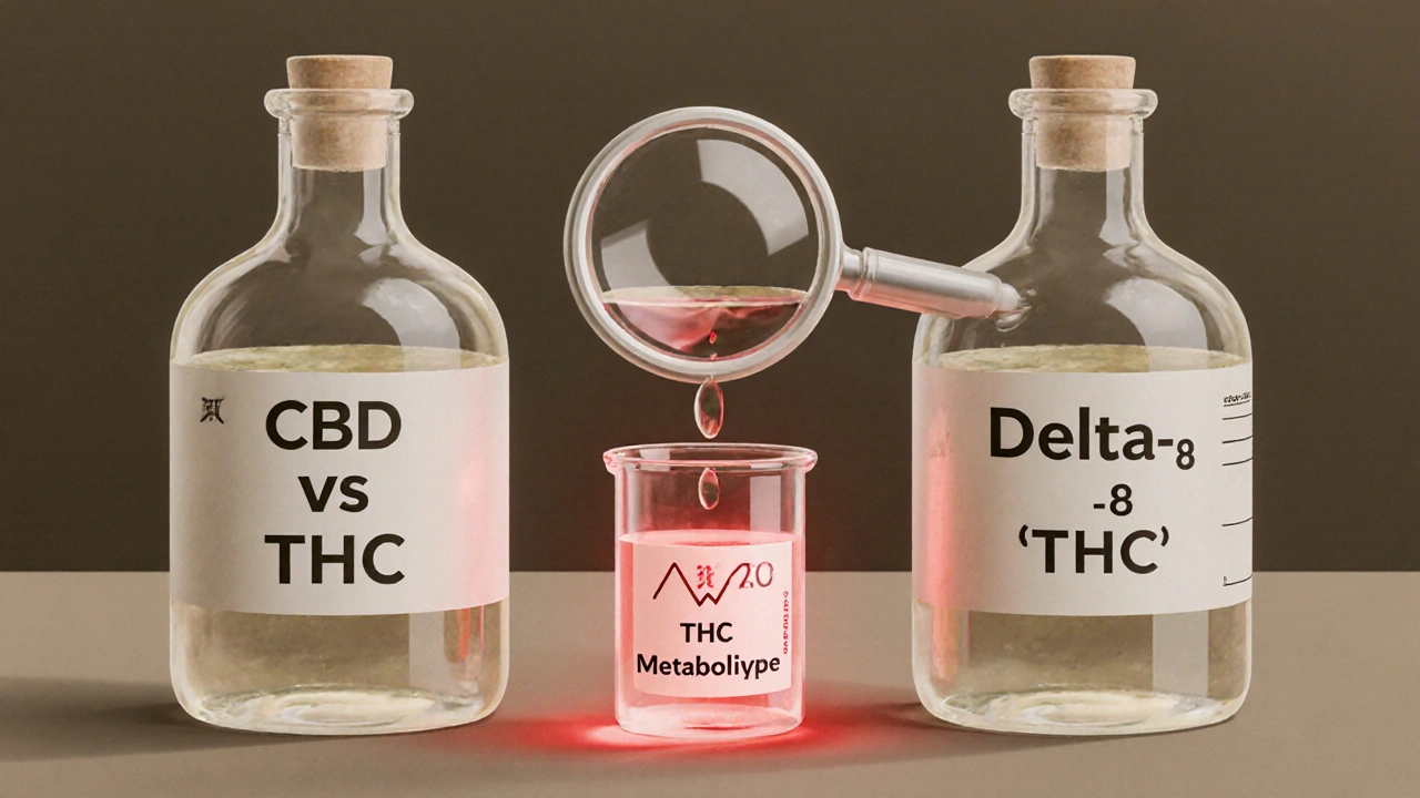 Two bottles labeled CBD and Delta-8-THC both producing the same THC metabolite.