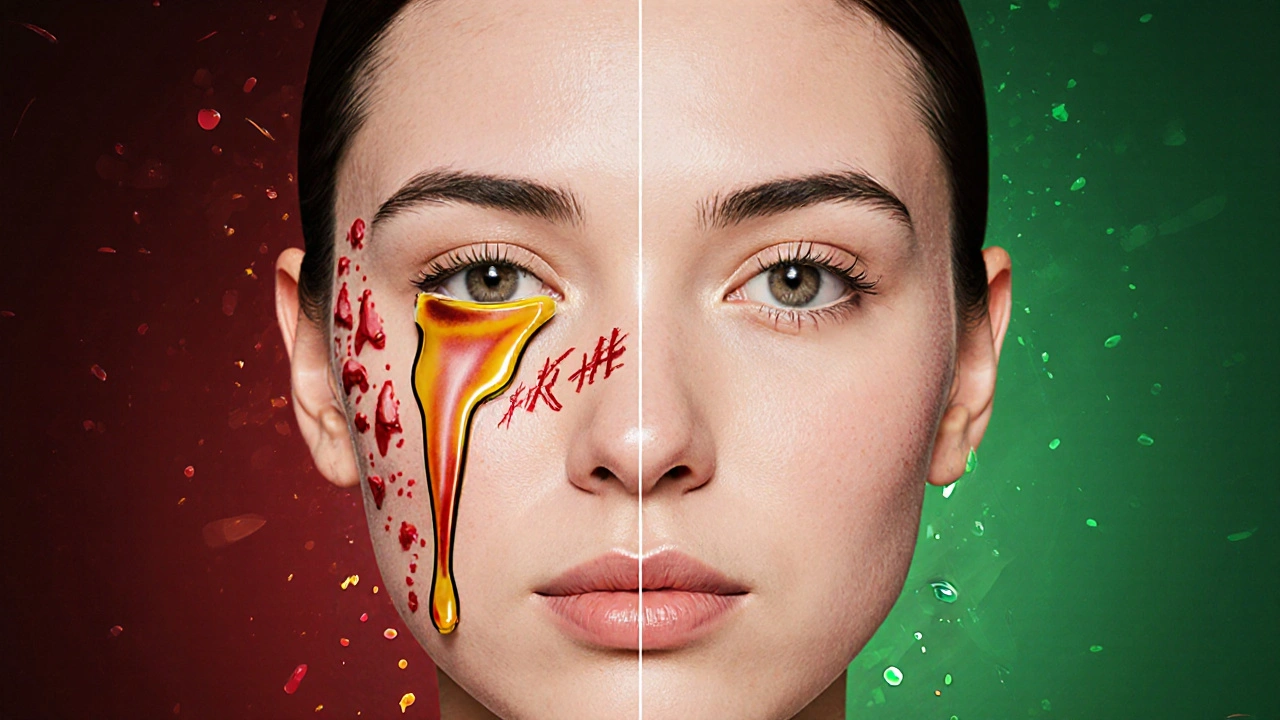 Vergleich: gereizte Haut mit reinem CBD-Öl links, gesunde Haut mit formuliertem Serum rechts.