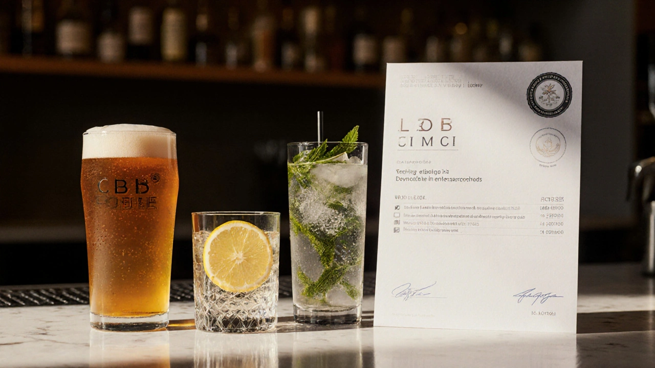 Verschiedene CBD-Getränke auf einer Bar mit Laborzertifikat