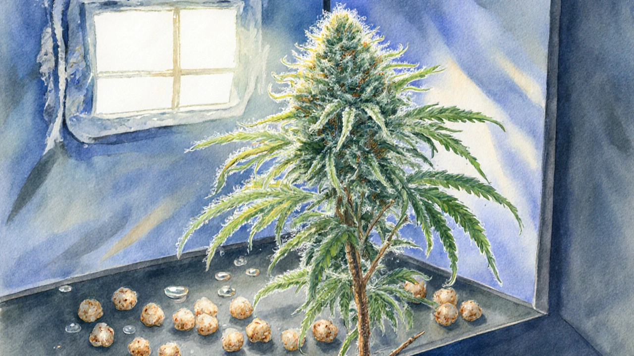 Wasserfarb-Illustration einer blühenden Cannabis-Pflanze mit klarer Trennung zwischen lichtreicher Krone und abgeschnittenen unteren Zweigen.