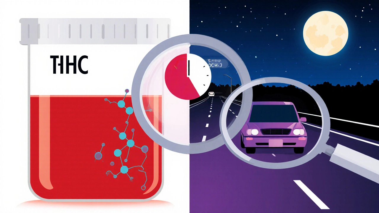 Zwei Blutproben im medizinischen Stil, HHC mit langer Nachweisbarkeit, Auto im Hintergrund.