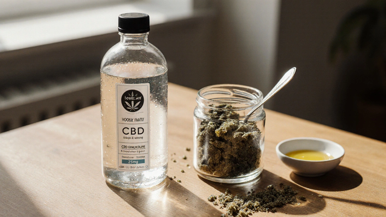 Zwei CBD-Produkte verglichen: CBD-Getränk mit Zertifikat und CBD-Crumble neben Kokosöl.