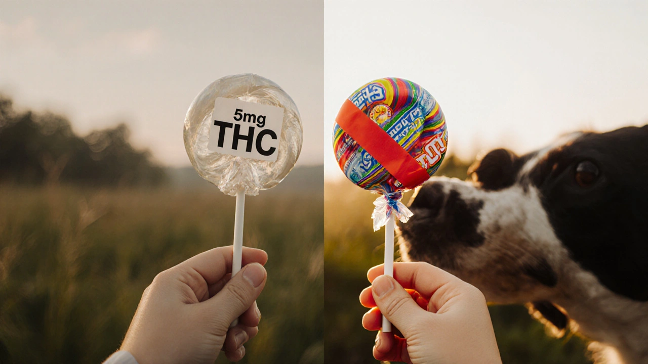 Zwei Lutscher nebeneinander: einer mit Dosierung und Naturhintergrund, der andere wie normaler Süßigkeiten mit Kind und Hund in der Nähe.