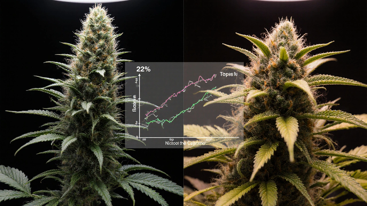 Zwei side-by-side Cannabis-Pflanzen: eine lollipopt mit konzentrierten Blüten, eine ungeschnitten mit vielen kleinen, schwachen Blüten unten.