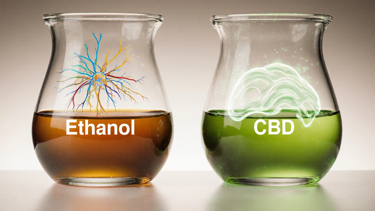 Zwei transparente Gläser mit Flüssigkeiten, die unterschiedliche Wirkungen auf das Gehirn darstellen: Alkohol verlangsamt, CBD beruhigt.