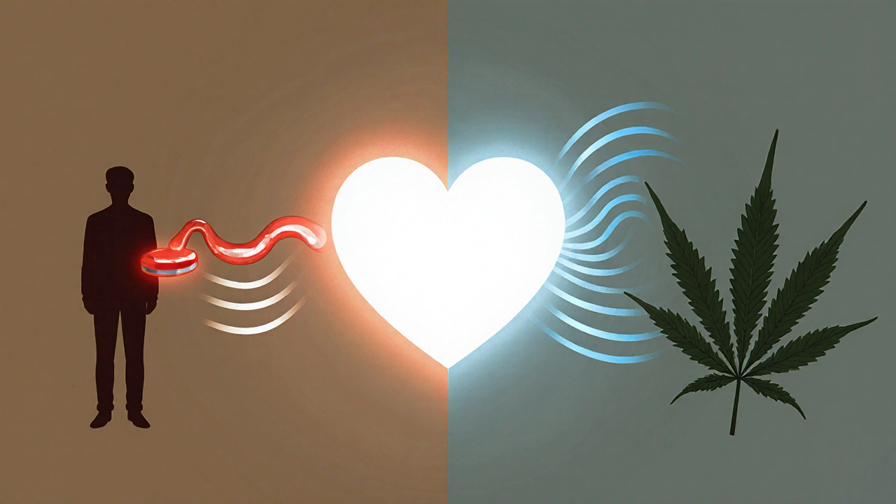 Zwei Wege zur sexuellen Gesundheit: Medikament vs. natürliche Entspannung, symbolisch dargestellt.