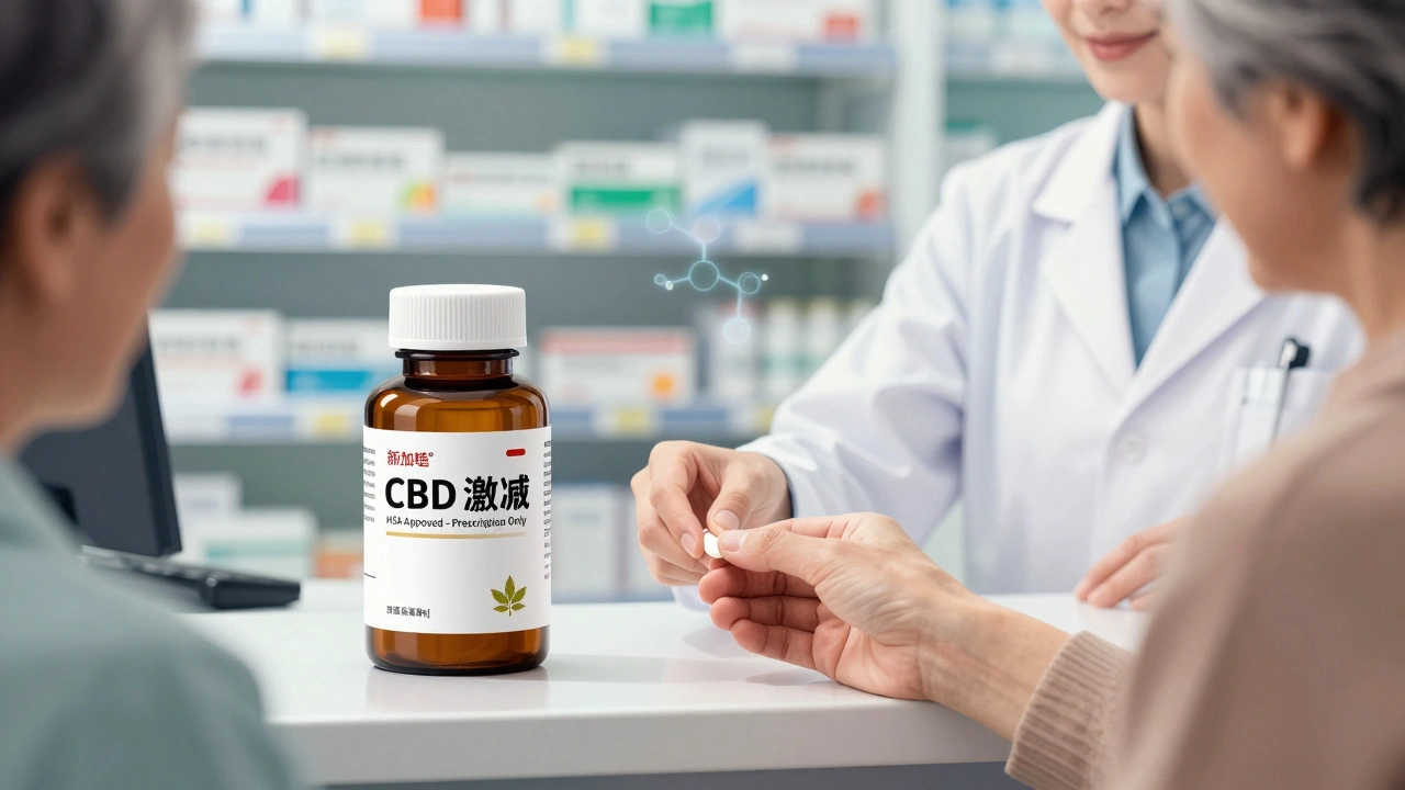 Apotheker gibt einen zugelassenen CBD-Kaugummi mit Rezept an einen Patienten aus.