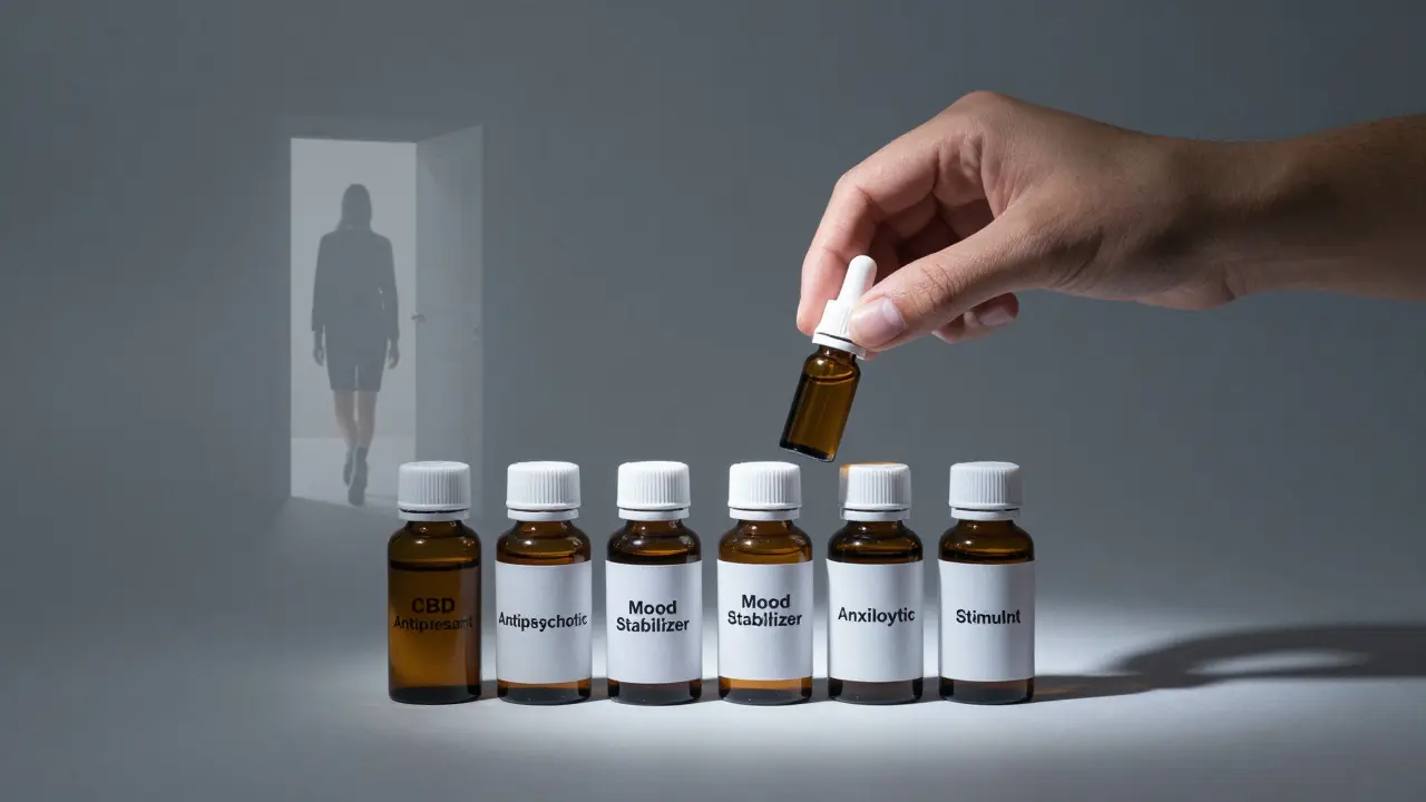 CBD-Flasche neben fünf psychiatrischen Medikamentenflaschen auf einem Tisch.