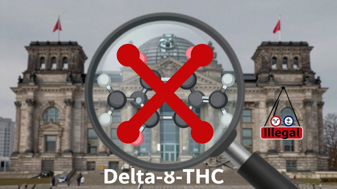 Chemische Struktur von Delta-8-THC entsteht aus CBD, übersät mit roten Verbotssymbolen und deutschen Gerichtsgebäuden im Hintergrund.