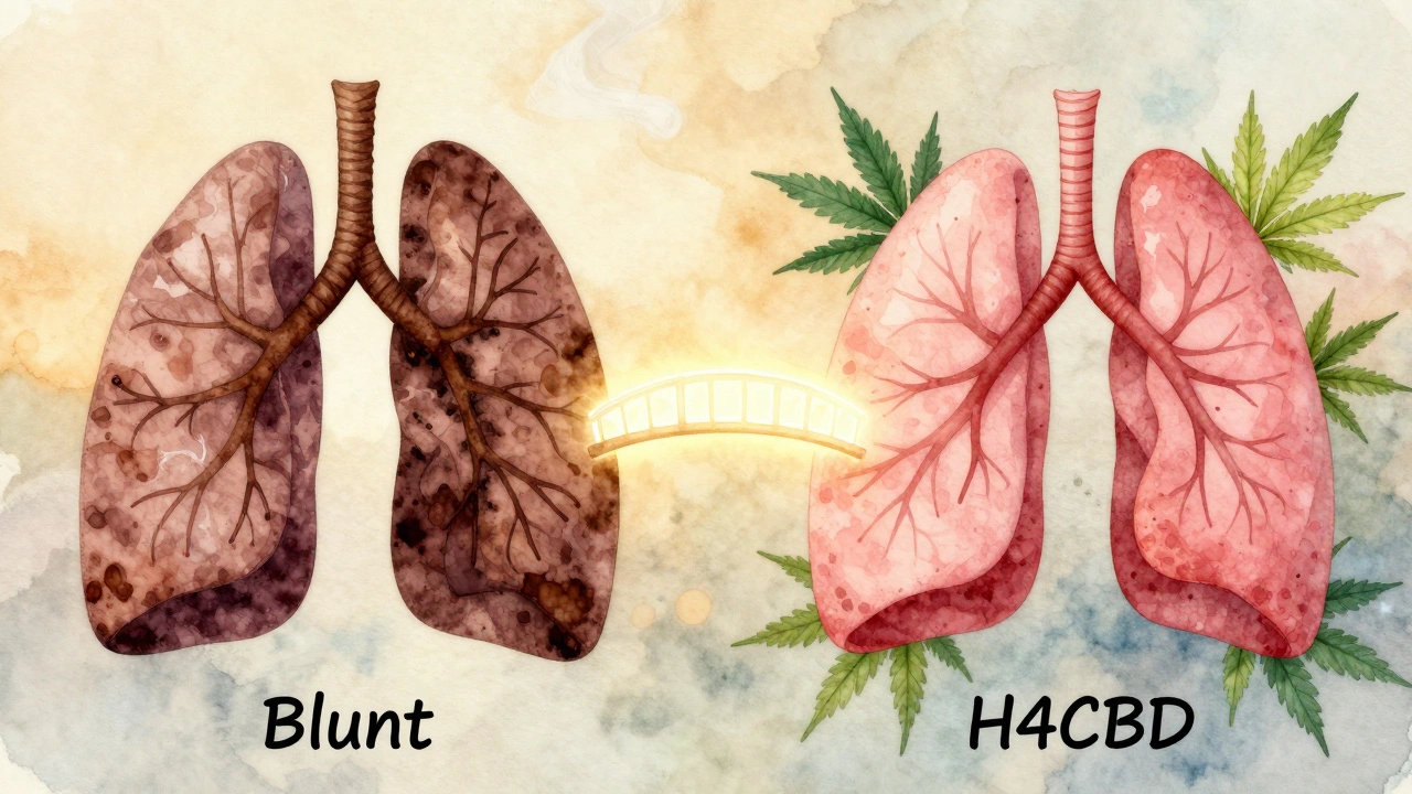 Ein dunkler, geschädigter Lungenbereich gegenüber einer gesunden, von Hanfblättern umgebenen Lunge.