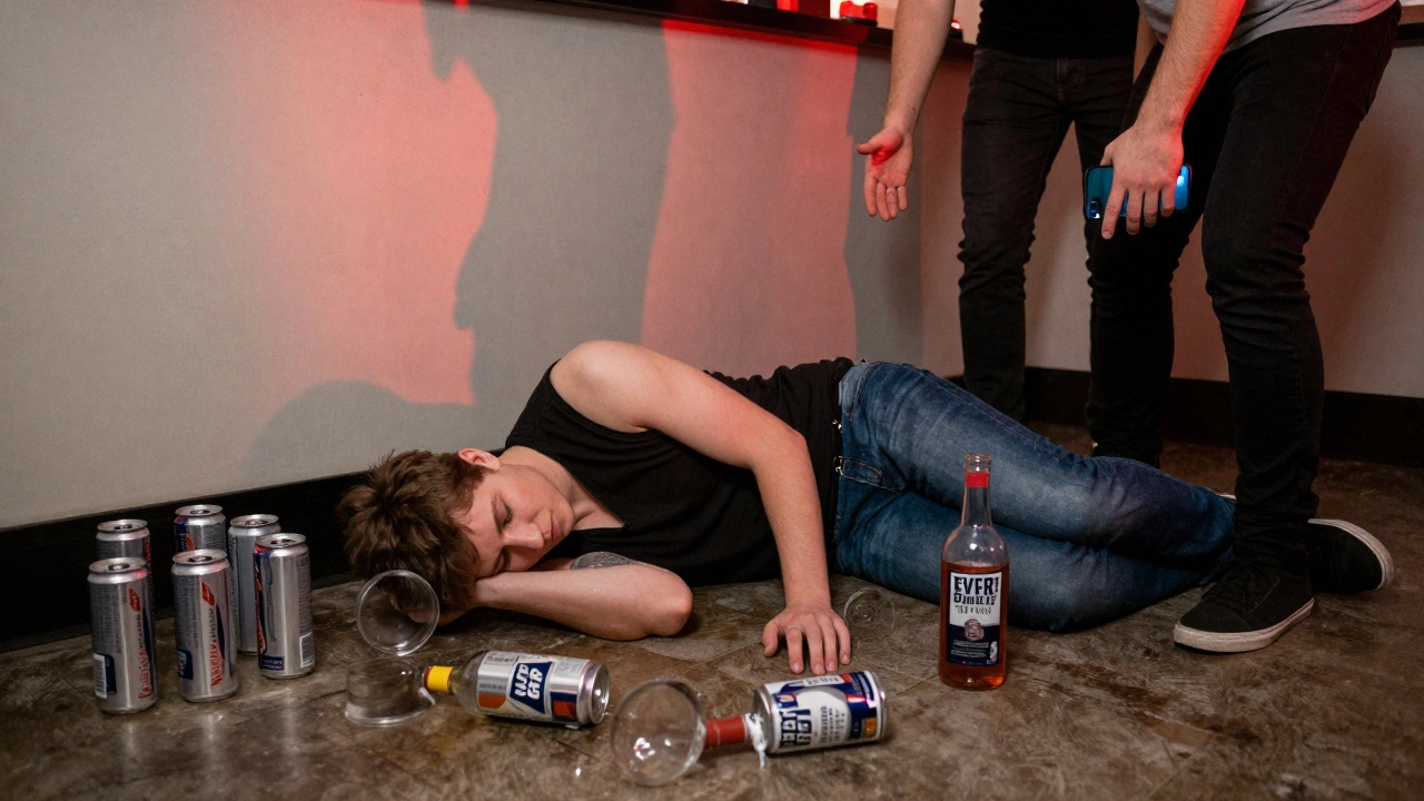 Ein junger Mensch bewusstlos auf dem Boden, umgeben von Energy-Drink-Dosen und einer verschütteten Everclear-Flasche.