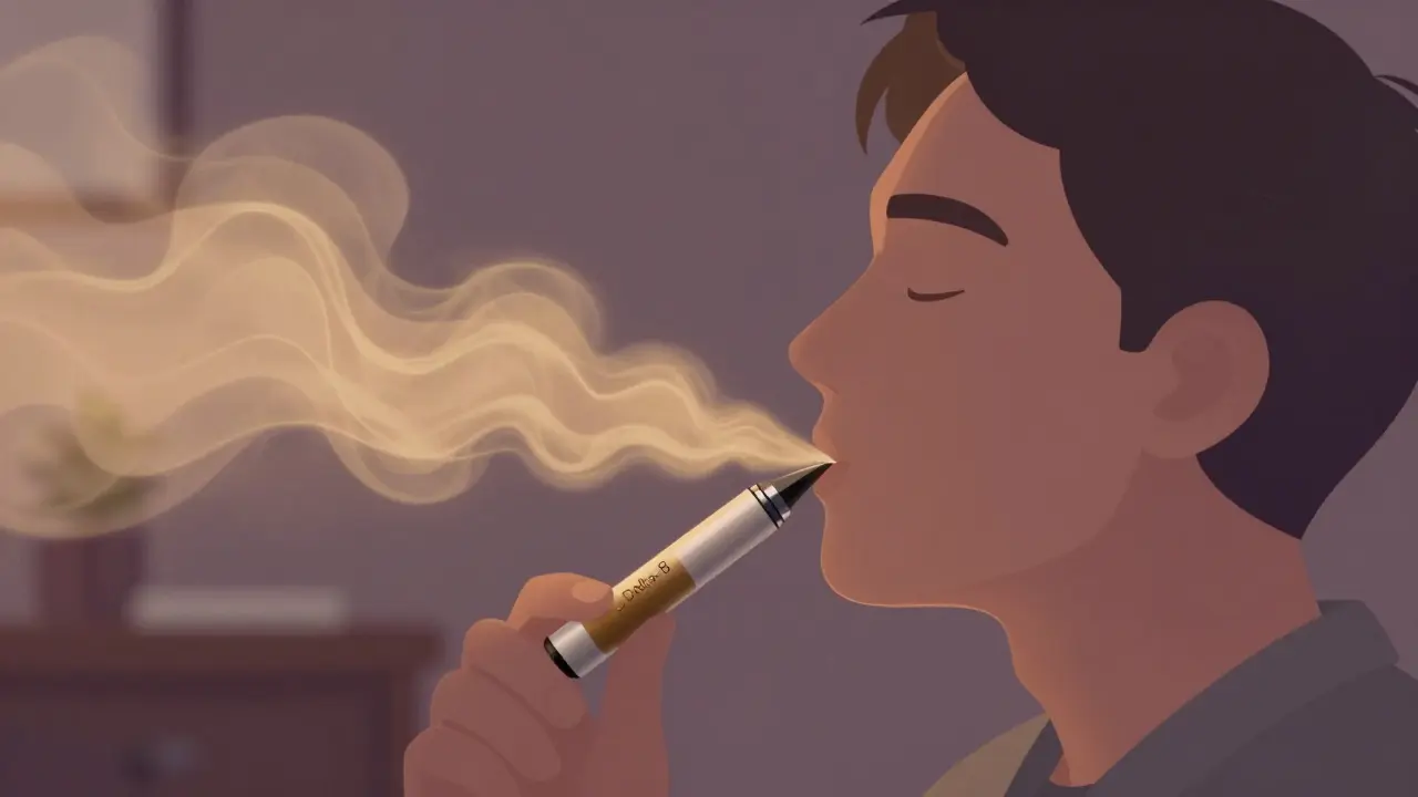 Eine Delta-8-Cartridge gibt einen sanften goldenen Nebel ab, der sich in beruhigende Energie wellt.