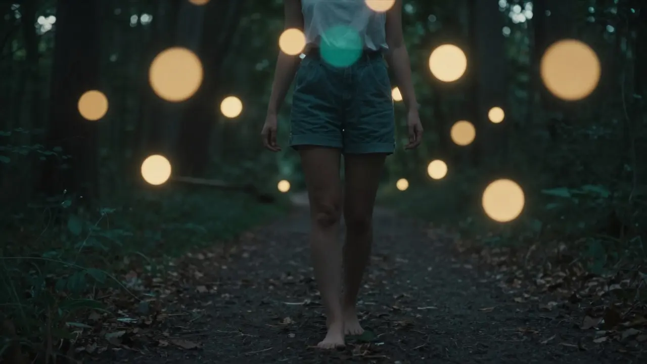 Eine Person geht barfuß durch einen dunklen Wald, umgeben von schwebenden, sanft leuchtenden Lichtpunkten.