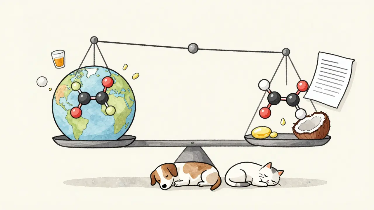 Eine Waage vergleicht CBD für Menschen mit Zusatzstoffen und CBD für Haustiere mit Reinheit und Laborzertifikat.