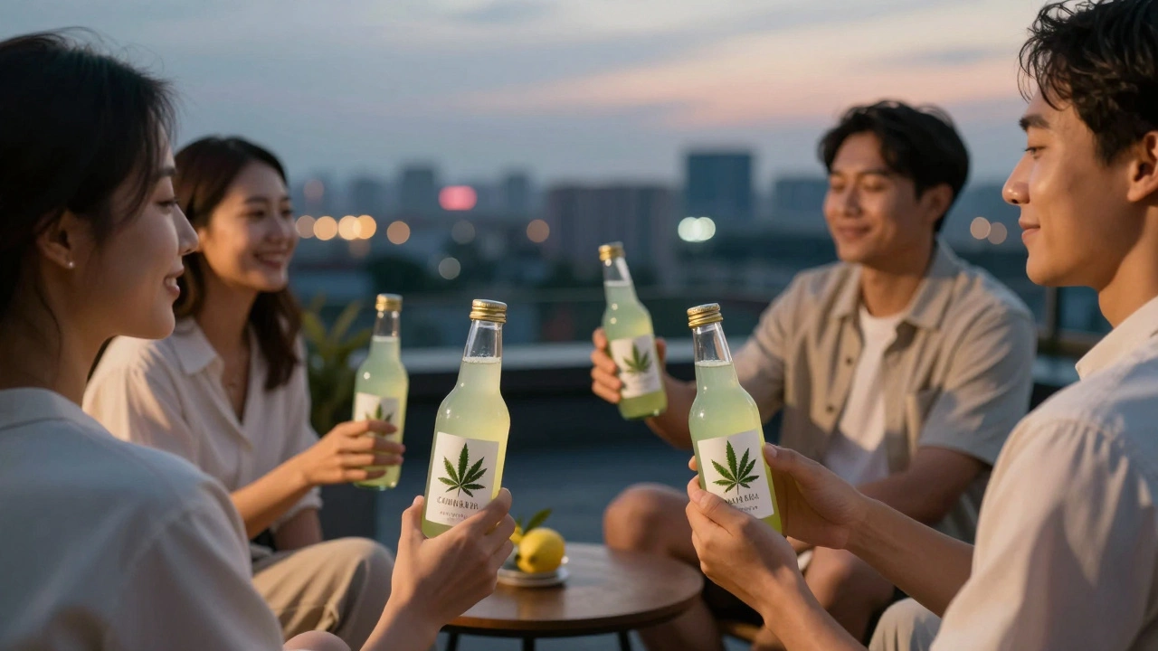 Erwachsene genießen Cannabis-Limonade auf einem Dachterrasse bei Dämmerung, ohne Rauchen oder Geräte.