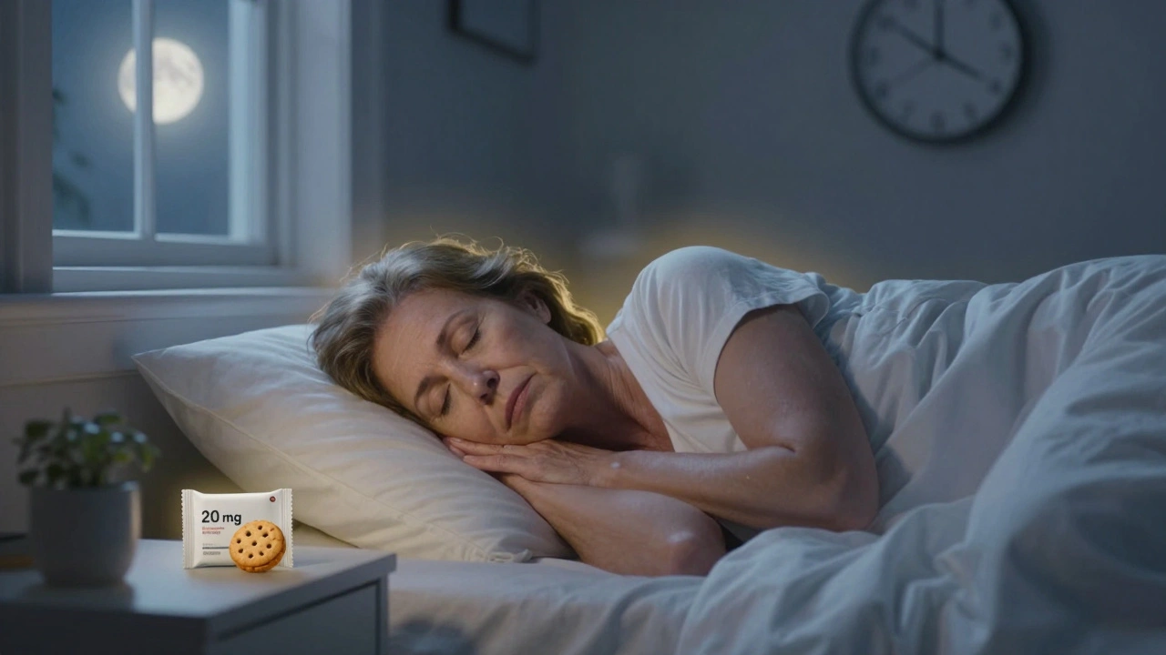 Frau schläft tief und ruhig, eine CBD-Cookie-Verpackung liegt auf dem Nachttisch.