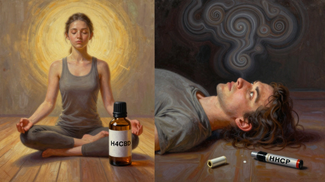 Gegenüberstellung: ruhige Person mit H4CBD vs. überwältigte Person mit HHCP-Vape.