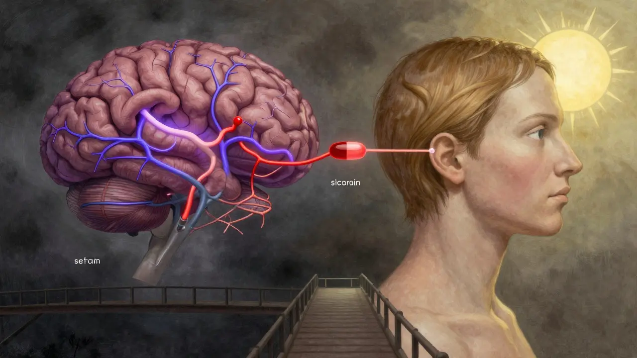 Gehirn mit beleuchteten Nervenbahnen zwischen dunkler und heller Stimmung.