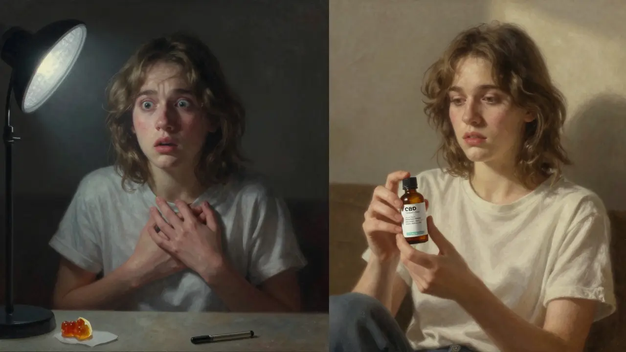 Gesichter eines jungen Menschen: links in Panik, rechts in Ruhe – Kontrast zwischen HHC-P und CBD