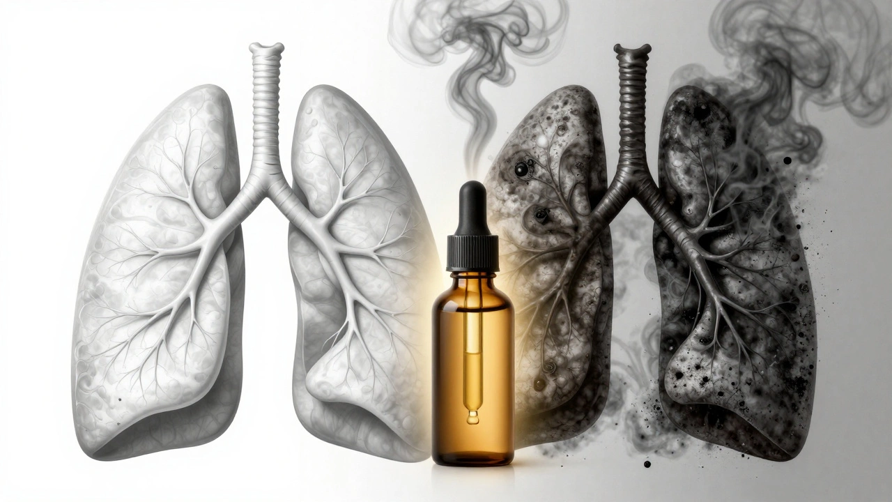 Gesunde Lunge neben beschädigter Lunge, mit CBD-Distillat als sichere Alternative.