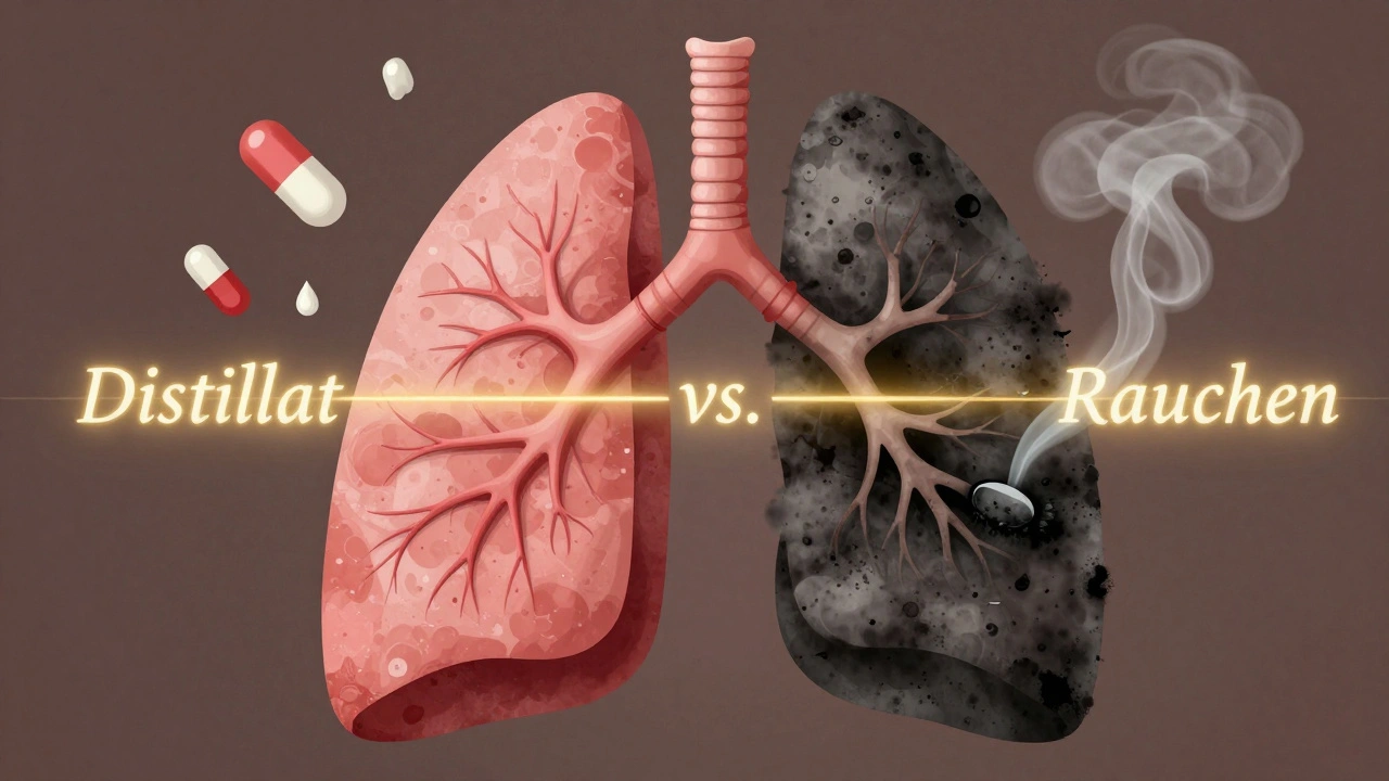 Gesunde und geschädigte Lunge im Vergleich, getrennt durch einen goldenen Pfeil mit Distillat und Rauch-Symbolen.