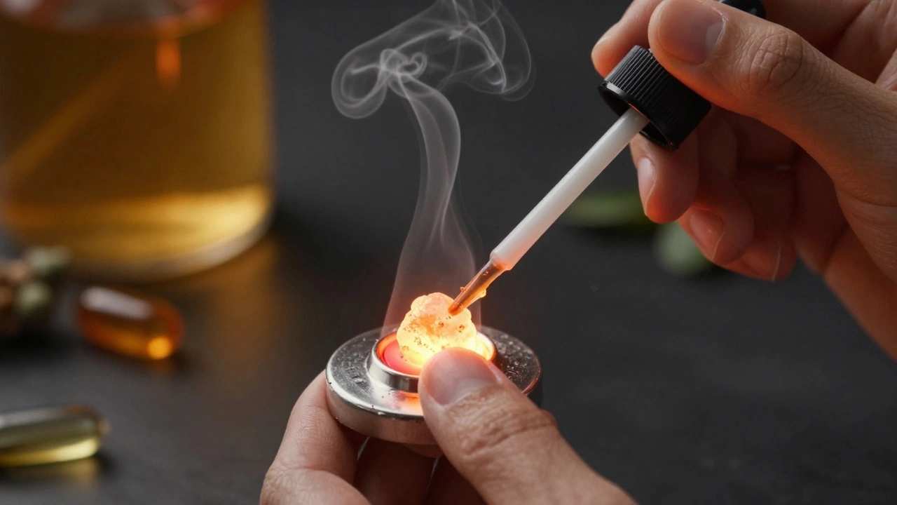 Hand bringt CBD-Shatter auf eine erhitzte Quarzplatte, Dampf steigt auf.